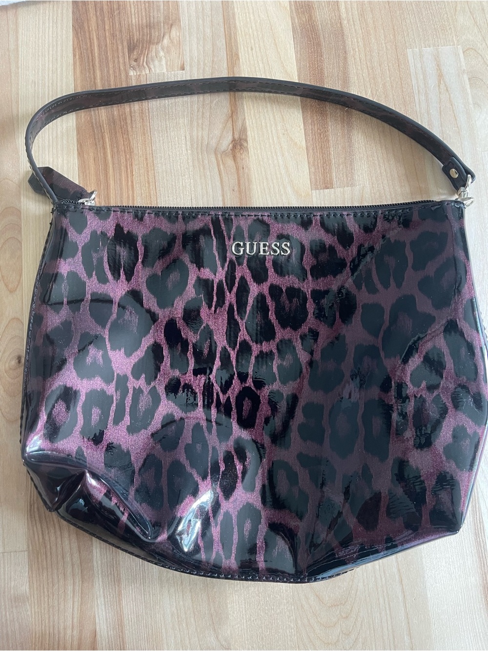 Guess Black and Purple Leopard-Print Patent Carry Bag